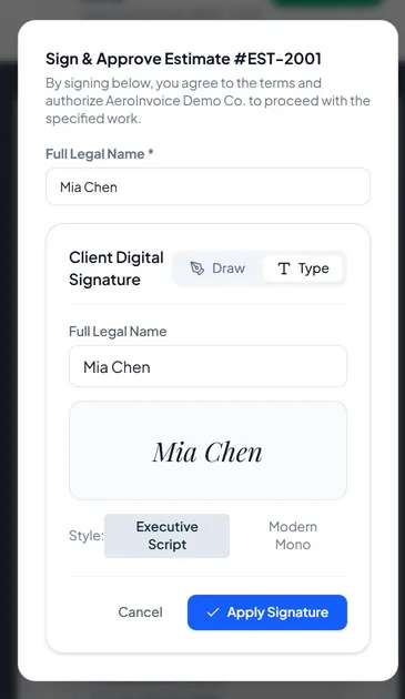 A client signing an estimate from the link, on a phone (sample data)