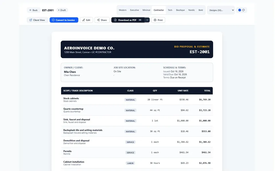 An estimate built from a trade template, in the Contractor layout (sample data)