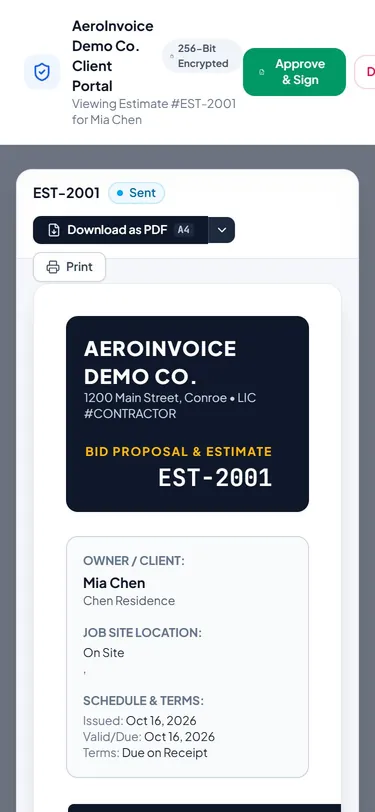 The estimate link as the client sees it on a phone (sample data)